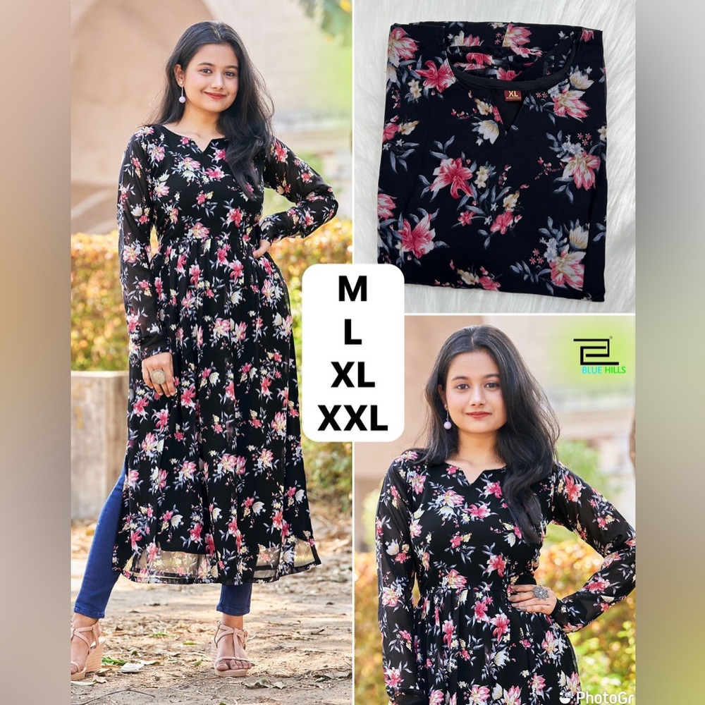 Black Flower Printed Long Sleeves Kurti